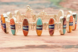 Calvin Begay Genuine Turquoise and Spiny Oyster Shell Sterling Silver Link Bracelet